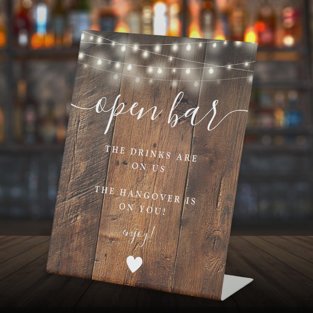 String Lights Rustic Boho Barn Wood Open Bar Pedestal Sign (String Lights Rustic Boho Barn Wood Open Bar Pedestal Sign)