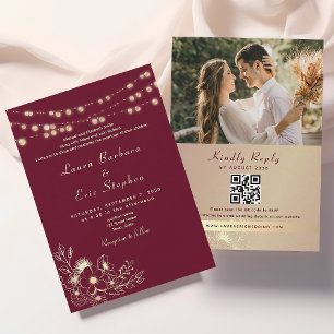 String Lights Rustic Burgundy All in One Wedding Invitation