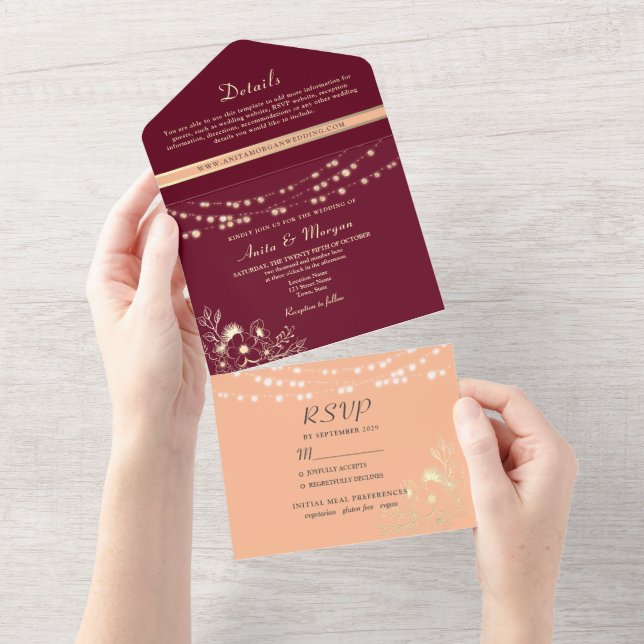 String Lights Rustic Burgundy Peach Wedding All In One Invitation (Tearaway)