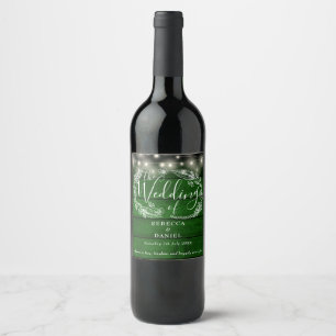 String Lights Rustic Emerald Green Wedding Wine Label