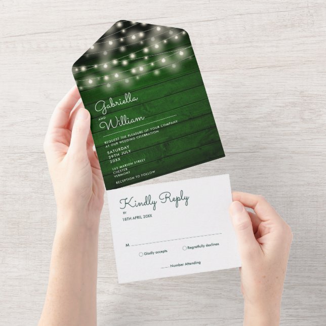 String Lights Rustic Green Wood Monogram Wedding All In One Invitation (Tearaway)