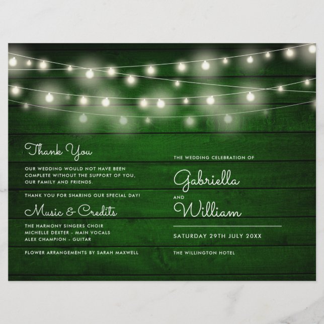 String Lights Rustic Green Wood Wedding Program (Front)