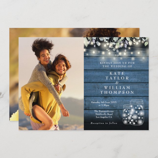 String Lights Rustic Jars Greenery 2 Photo Wedding Invitation (Front/Back)