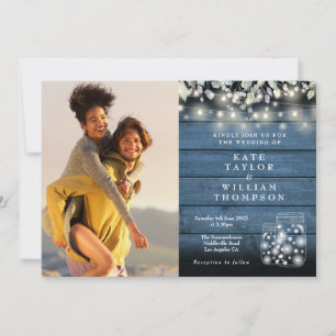 String Lights Rustic Jars Greenery Photo Wedding Invitation