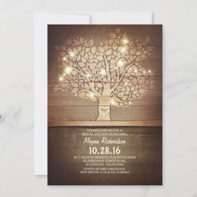 String lights & rustic tree bridal shower invitation (Front)