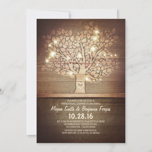 String lights & rustic tree rehearsal dinner invitation (Front)