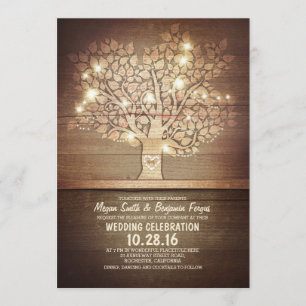 String lights & rustic tree wedding invitations
