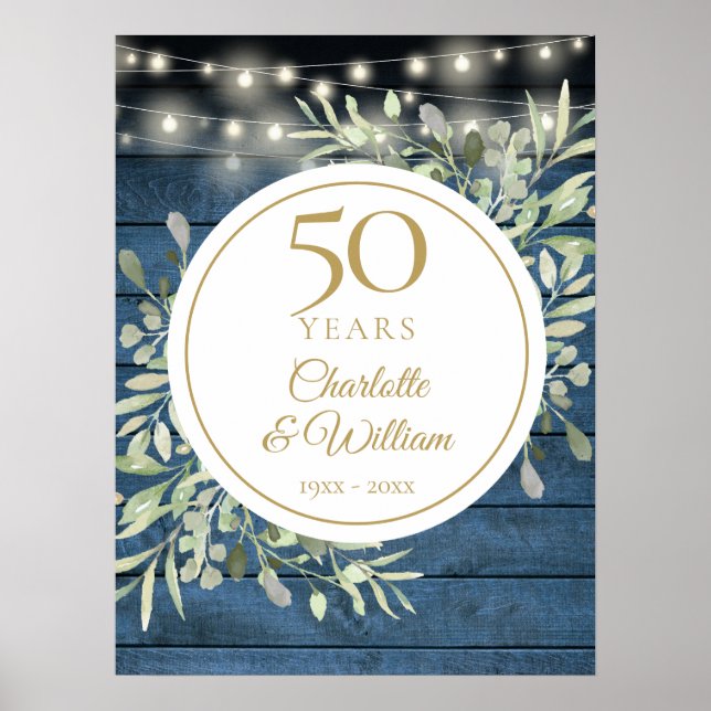 String Lights Rustic Wood 50th Anniversary Sign (Front)