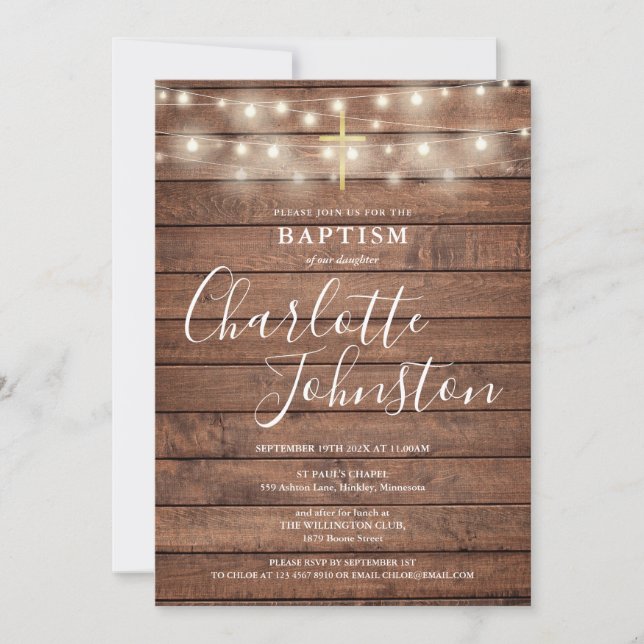 String Lights Rustic Wood Baptism Christening Invitation (Front)