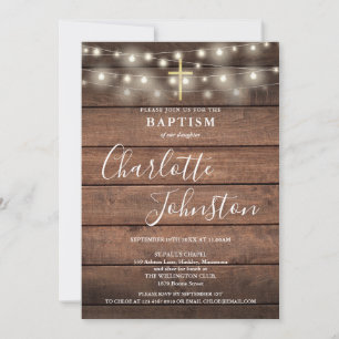 String Lights Rustic Wood Baptism Christening Invitation