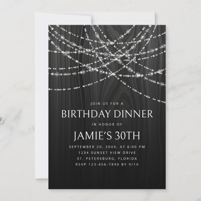 String Lights Rustic Wood Birthday Dinner Invitation (Front)