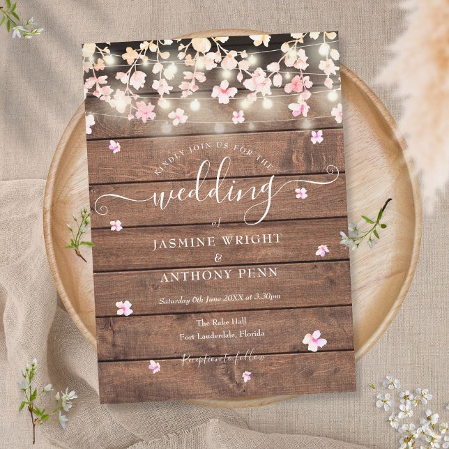 String Lights Rustic Wood Blossom Floral Wedding Invitation (Creator Uploaded)