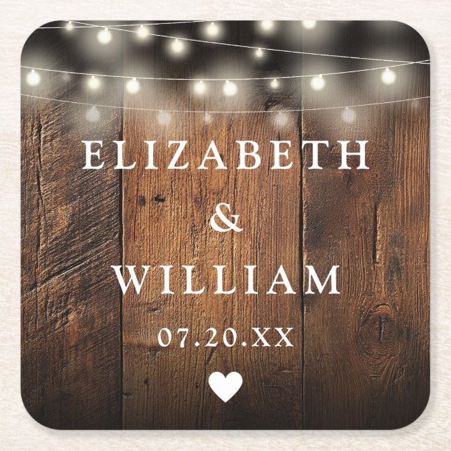 String Lights Rustic Wood Boho Barn Wedding Square Paper Coaster (Front)