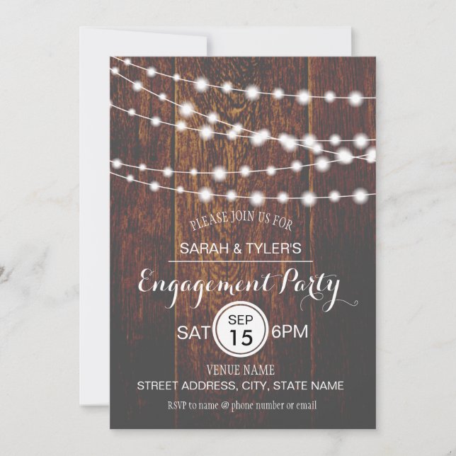 String Lights Rustic Wood Engagement Party Invites (Front)