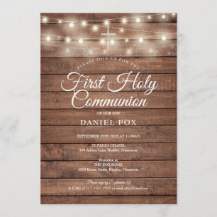 String Lights Rustic Wood First Holy Communion Invitation