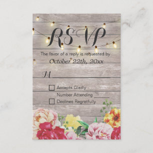 String Lights Rustic Wood Floral Wedding RSVP Card