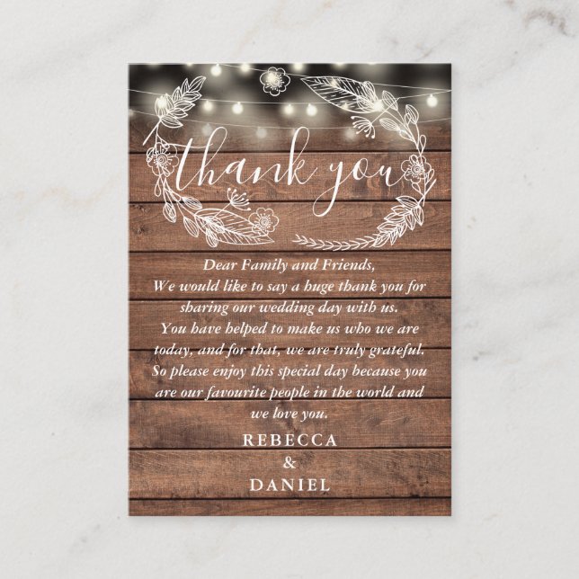 String Lights Rustic Wood Floral Wedding Thank You Place Card (Front)