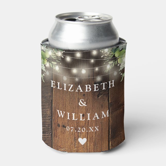 String Lights Rustic Wood Greenery Floral Wedding Can Cooler (Can Front)