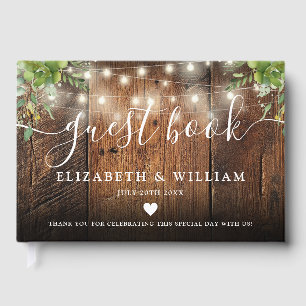 String Lights Rustic  Wood Greenery Wedding Guest Book