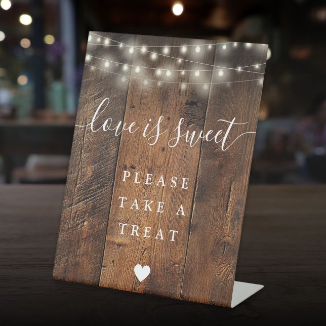 String Lights Rustic Wood Love Is Sweet Favour  Pedestal Sign (String Lights Rustic Wood Love Is Sweet Favor Pedestal Sign)