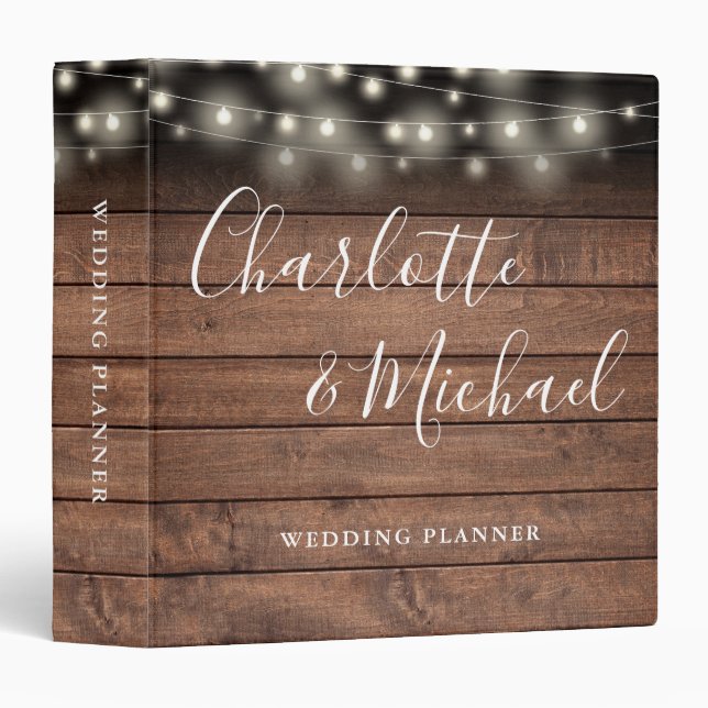 String Lights Rustic Wood Script Wedding Planner Binder (Front/Spine)