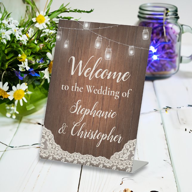 String Lights Rustic Wood Script Welcome Pedestal Sign (vintage wedding welcome sign)