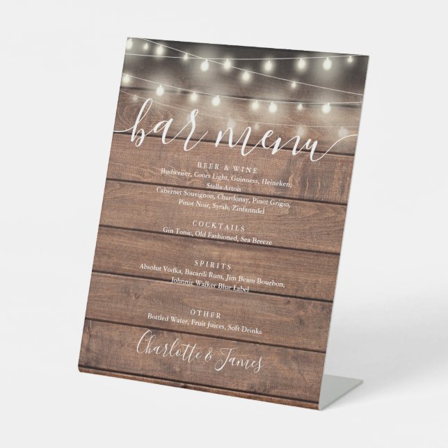 String Lights Rustic Wood Wedding Bar Menu Pedestal Sign (Front)
