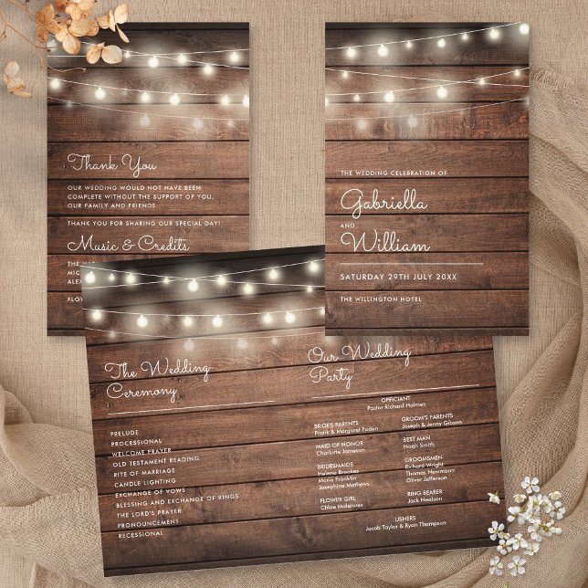 String Lights Rustic Wood Wedding Program (Creator Uploaded)
