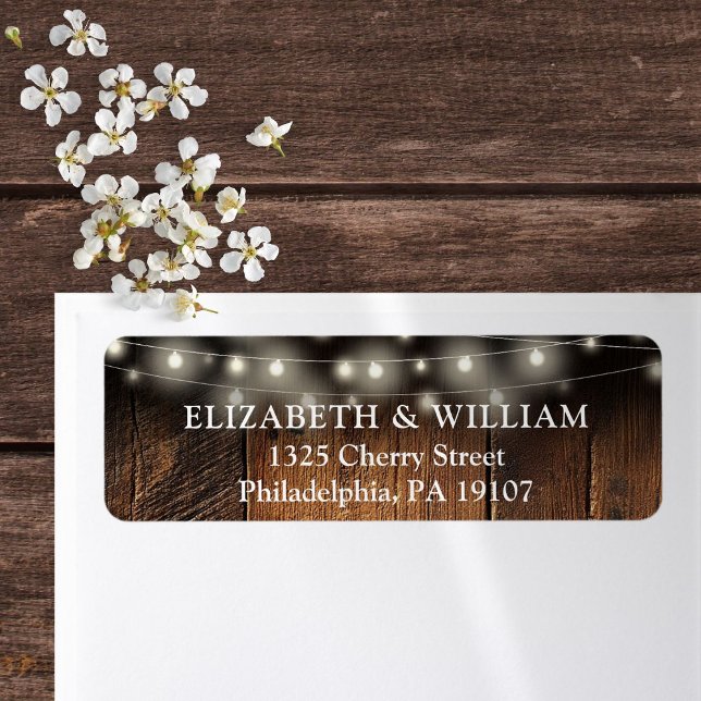 String Lights Rustic Wood Wedding return Address (String Lights Rustic Wood Wedding return Address Label)