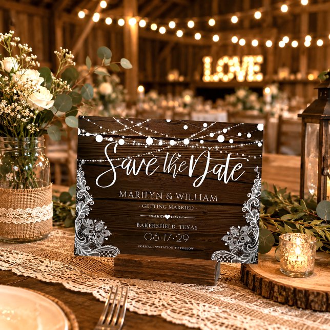 String Lights Rustic Wood Wedding Save The Date Announcement Postcard (Creator Uploaded)