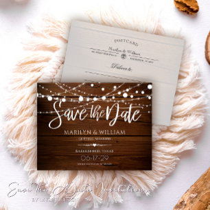 String Lights Rustic Wood Wedding Save The Date Announcement Postcard