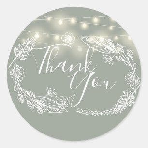 String Lights Sage Green Floral Thank You Classic Round Sticker