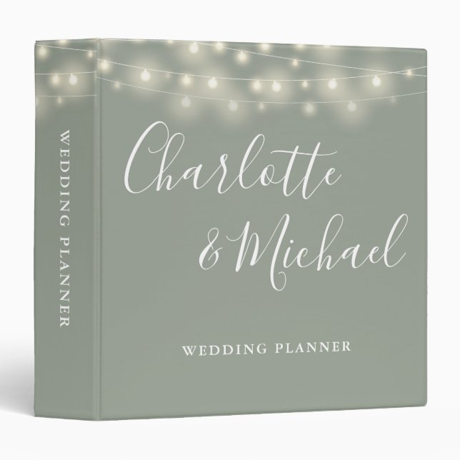 String Lights Sage Green Script Wedding Planner Binder (Front/Spine)