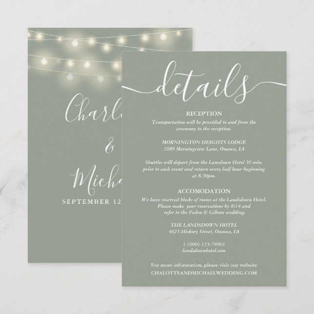String Lights Sage Green Wedding Details Enclosure Card (Front/Back)
