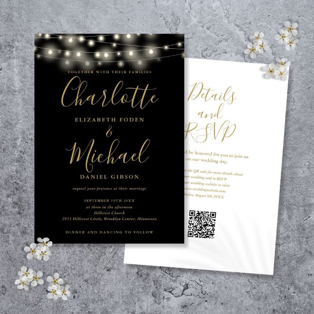 String Lights Script Black Gold QR Code Wedding Invitation (String Lights Script Black Gold QR Code Wedding Invitation)