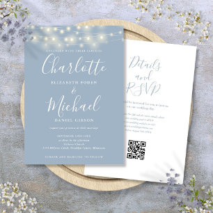 String Lights Script Dusty Blue QR Code Wedding Invitation