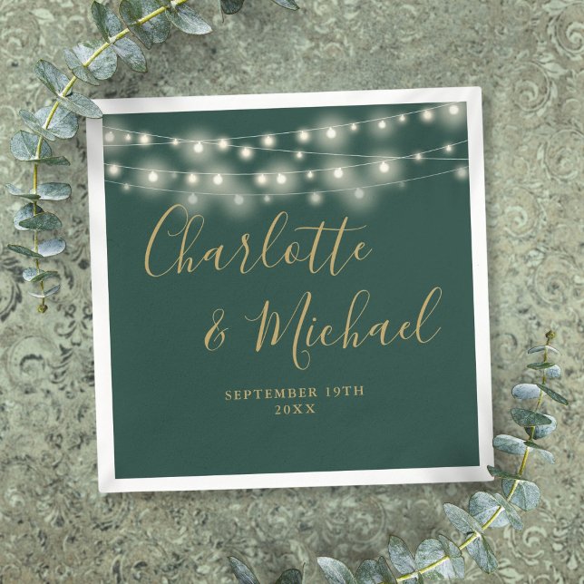 String Lights Signature Gold Script Green Wedding Napkin (String Lights Signature Gold Script Green Wedding Napkins)