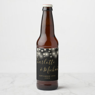 String Lights Signature Script Black Gold Wedding Beer Bottle Label