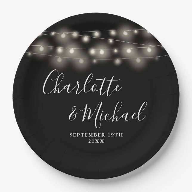 String Lights Signature Script Black White Wedding Paper Plate (Front)