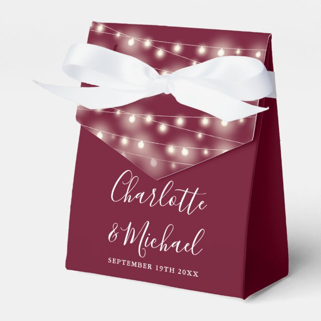 String Lights Signature Script Burgundy Wedding Favor Box (Front Side)