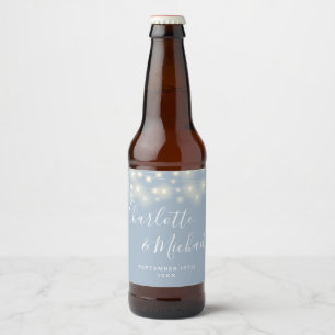 String Lights Signature Script Dusty Blue Wedding Beer Bottle Label