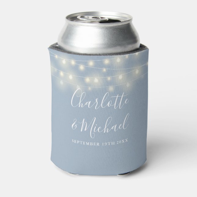 String Lights Signature Script Dusty Blue Wedding Can Cooler (Can Back)