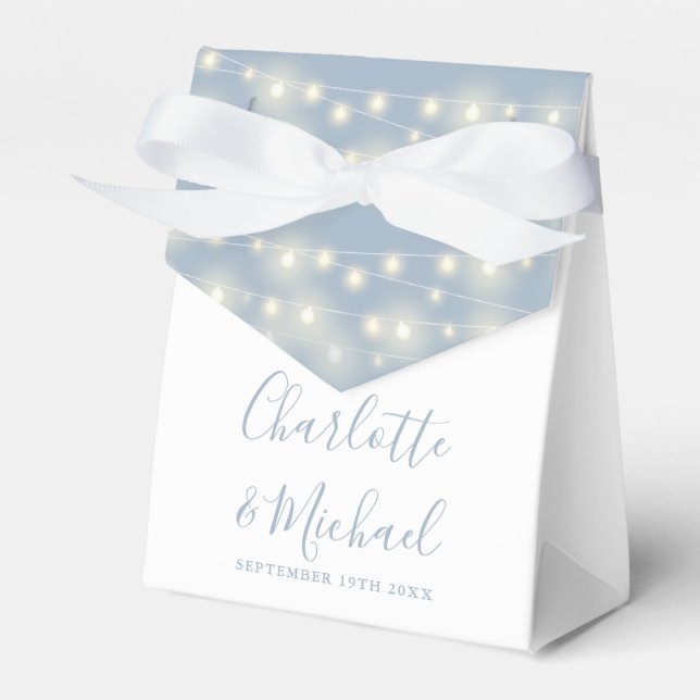 String Lights Signature Script Dusty Blue Wedding  Favor Box (Front Side)