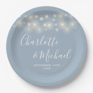String Lights Signature Script Dusty Blue Wedding Paper Plate