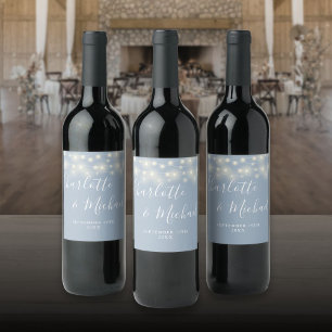 String Lights Signature Script Dusty Blue Wedding Wine Label