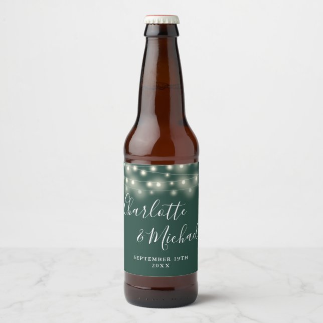 String Lights Signature Script Emerald Wedding Beer Bottle Label (Front)
