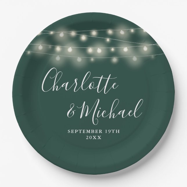 String Lights Signature Script Emerald Wedding Paper Plate (Front)