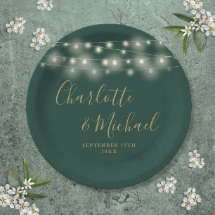 String Lights Signature Script Green Gold Wedding Paper Plate