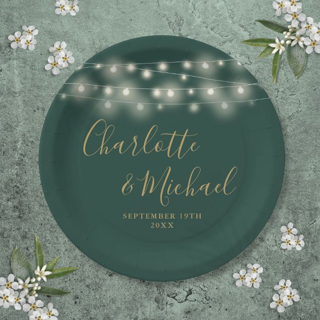 String Lights Signature Script Green Gold Wedding Paper Plate (String Lights Signature Script Green Gold Wedding Paper Plates)