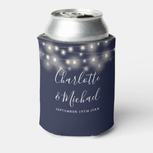 String Lights Signature Script Navy Blue Wedding Can Cooler